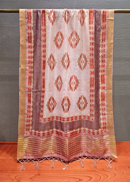 Peach Batik Printed Zari Woven Border Linen Dupatta  - Linen Dupatta D. No. 2103 Peach Full View Image