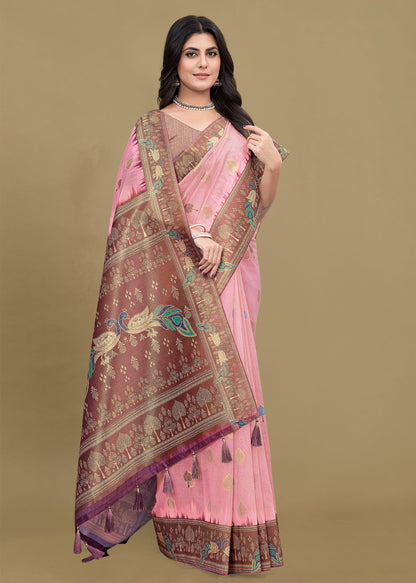 Peach Digital Printed Saree Featuring Ethnic Motifs, Zari Weaving Border, and Butti - Jhumar Prints 95023 Peach Side View