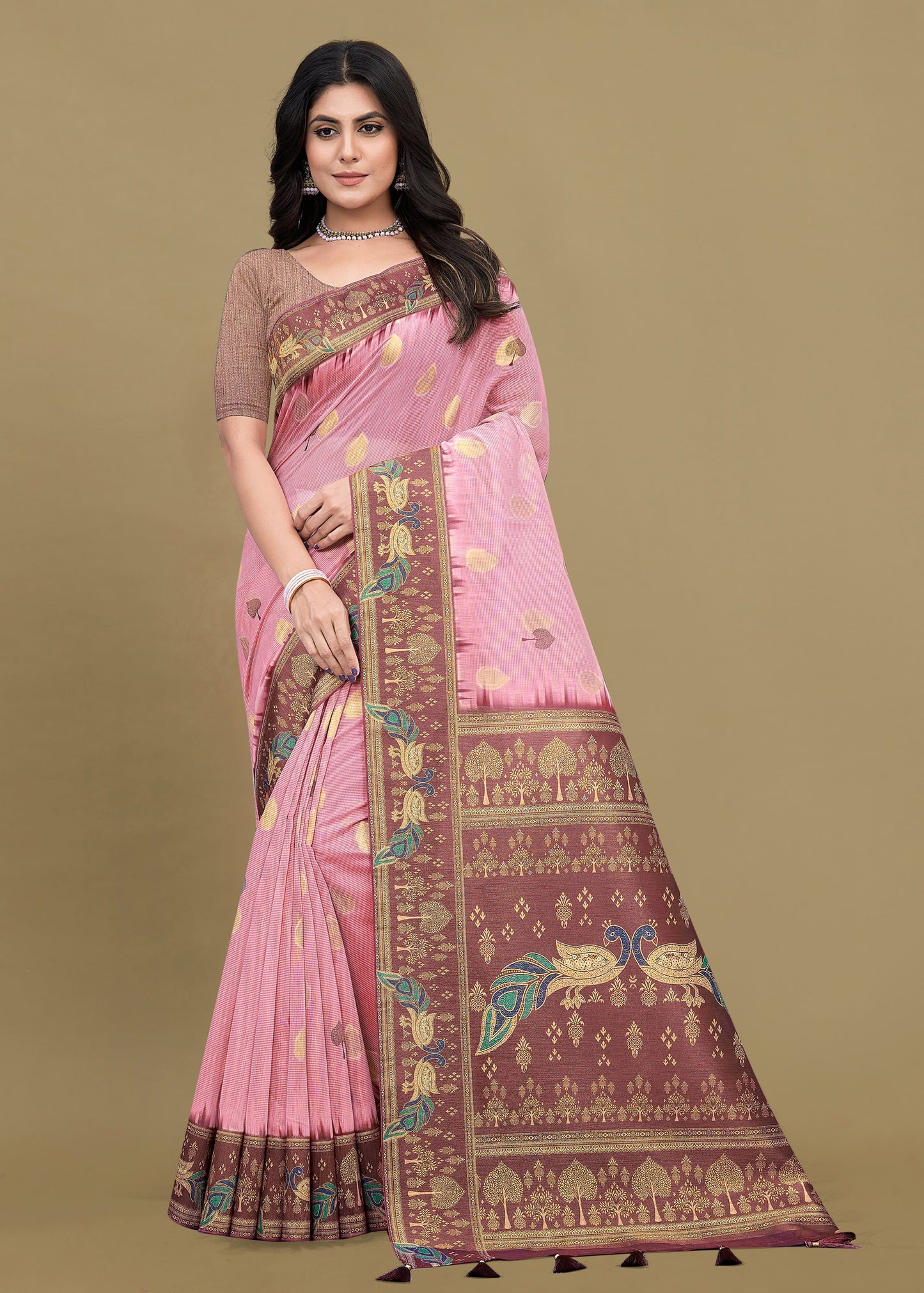 Peach Digital Printed Saree Featuring Ethnic Motifs, Zari Weaving Border, and Butti - Jhumar Prints 95023 Peach Front View