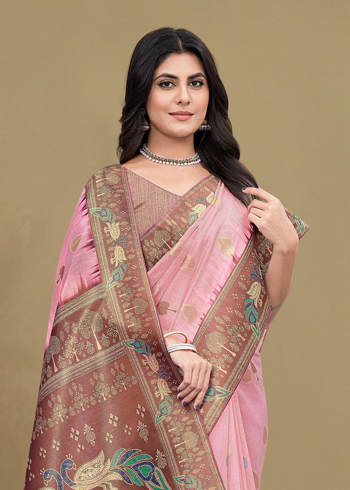 Peach Digital Printed Saree Featuring Ethnic Motifs, Zari Weaving Border, and Butti - Jhumar Prints 95023 Peach Zoom View