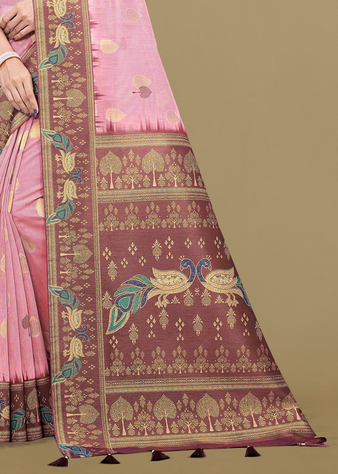 Peach Digital Printed Saree Featuring Ethnic Motifs, Zari Weaving Border, and Butti - Jhumar Prints 95023 Peach Pallu View