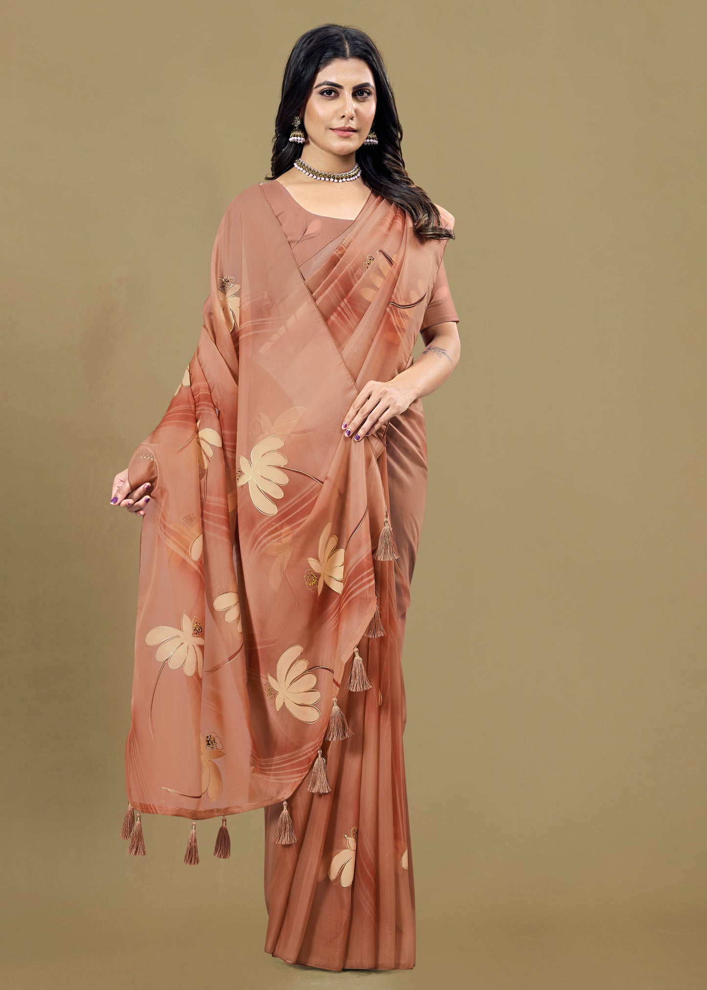 Peach Organza Saree Featuring Hand-Painted Florals, Foil Detailing, and Tassel Edges - Butterfly Prints 8014 Peach Image 1