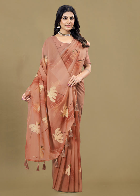 Peach Organza Saree Featuring Hand-Painted Florals, Foil Detailing, and Tassel Edges - Butterfly Prints 8014 Peach Image 1