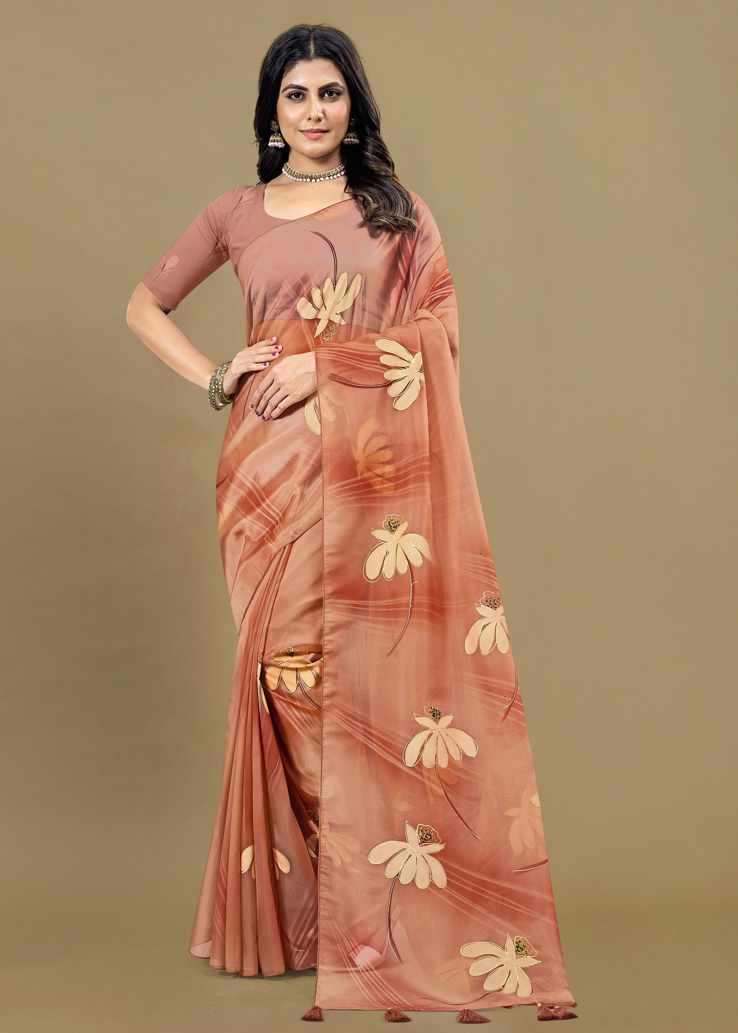 Peach Organza Saree Featuring Hand-Painted Florals, Foil Detailing, and Tassel Edges - Butterfly Prints 8014 Peach Image 2