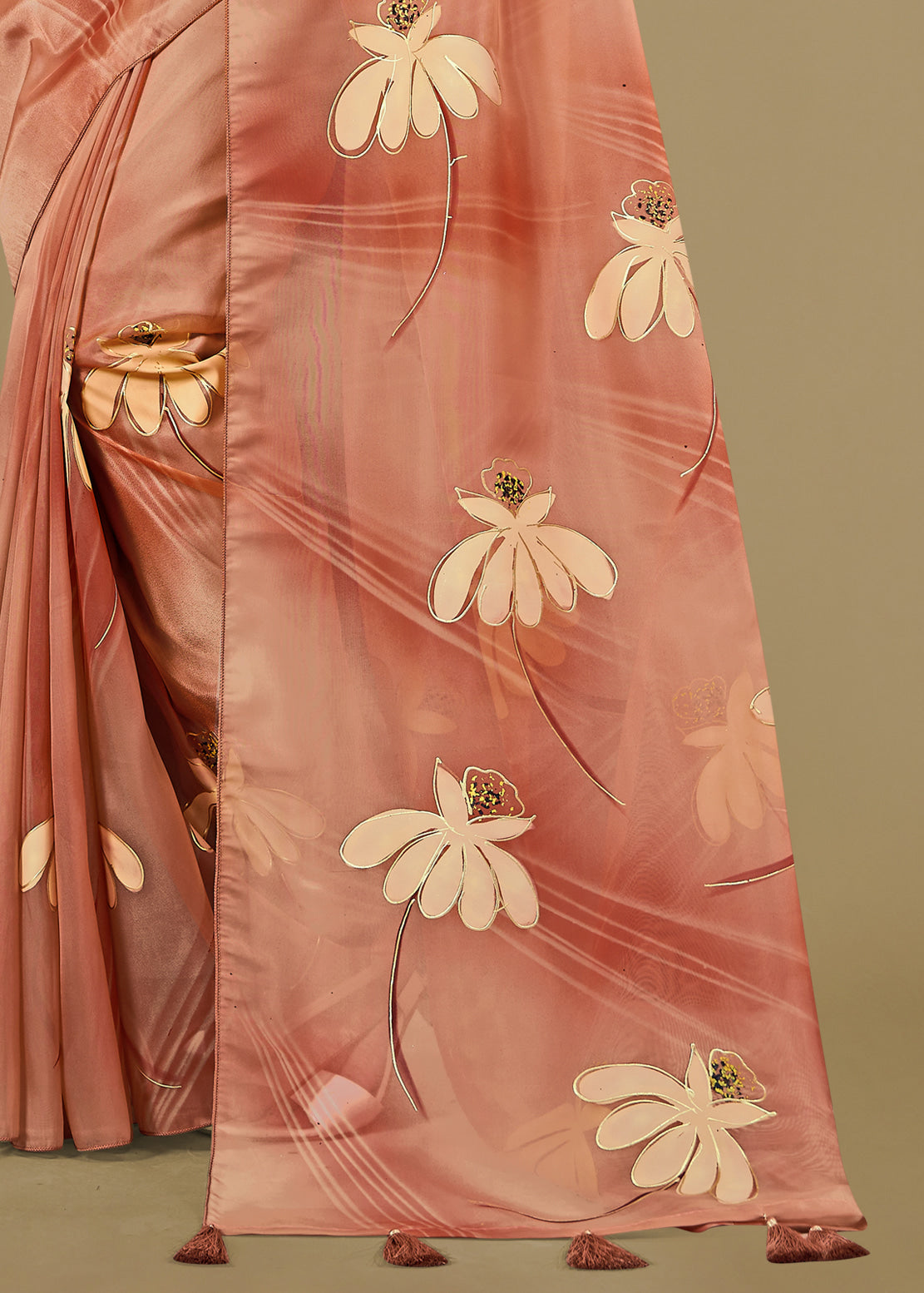 Peach Organza Saree Featuring Hand-Painted Florals, Foil Detailing, and Tassel Edges - Butterfly Prints 8014 Peach Image 3