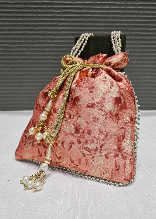 Peach Zari Woven Art Silk Digital Printed Ethnic Potli Bag with Pearl String Handle - Potli D.No.01 P11 Peach Front Image