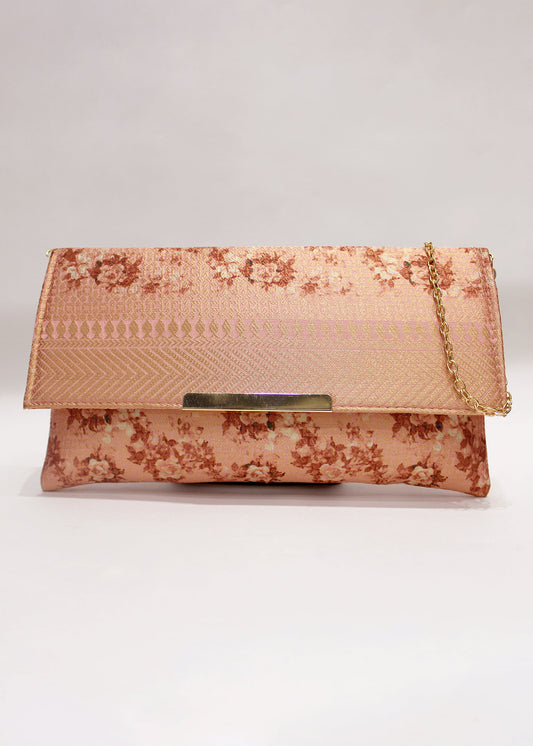 Peach Zari Woven Art Silk Floral Printed Clutch with Golden Sling - Clutch D. No. 03 P33 Peach Front Image