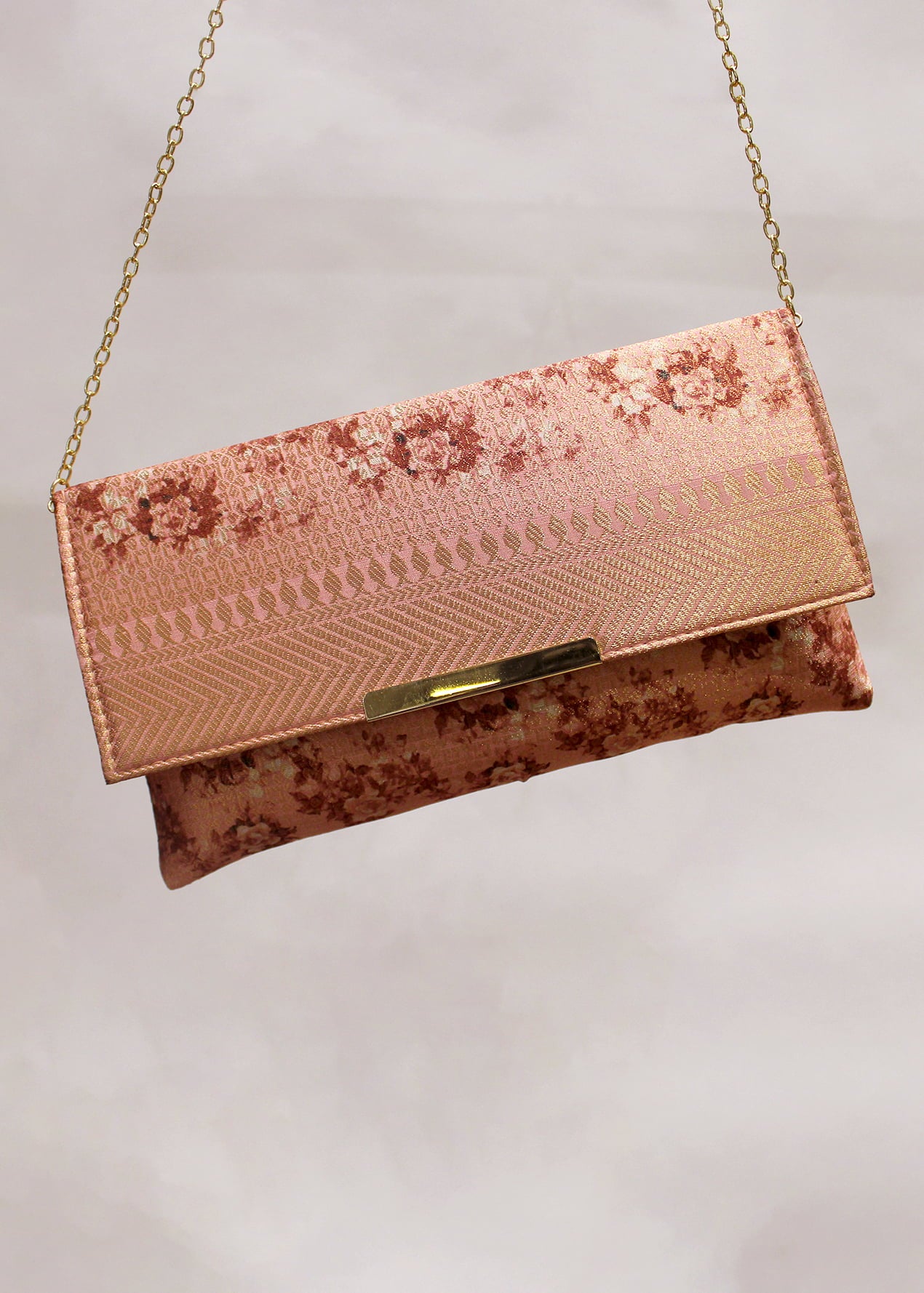 Peach Zari Woven Art Silk Floral Printed Clutch with Golden Sling - Clutch D. No. 03 P33 Peach Second Image