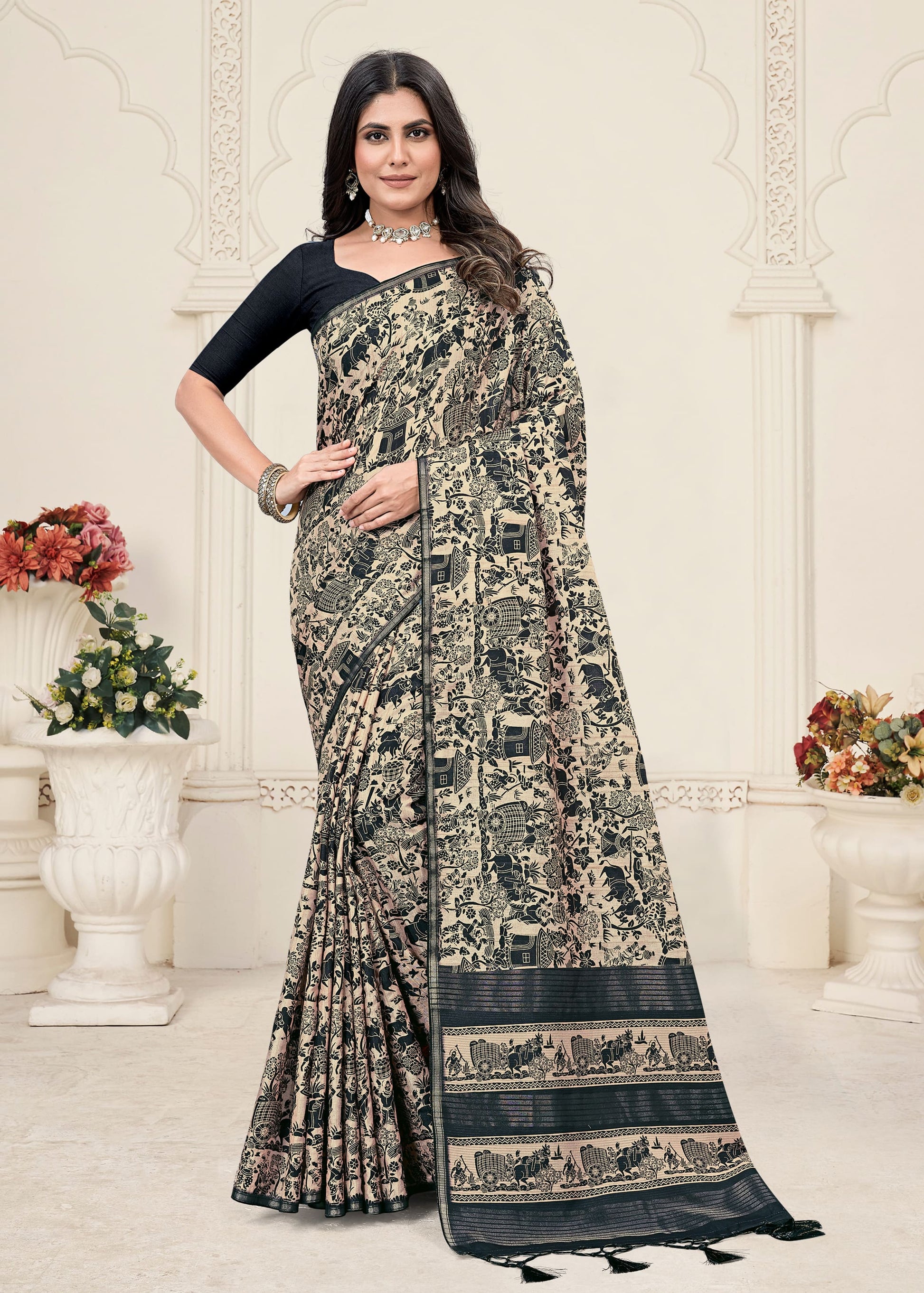 Pichwai Printed Beige Tussar Silk Saree Adorned with Zari Border and Chit Pallu - Zodiac Silk 71013 - Beige Front View