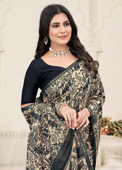 Pichwai Printed Beige Tussar Silk Saree Adorned with Zari Border and Chit Pallu - Zodiac Silk 71013 - Beige Zoom View