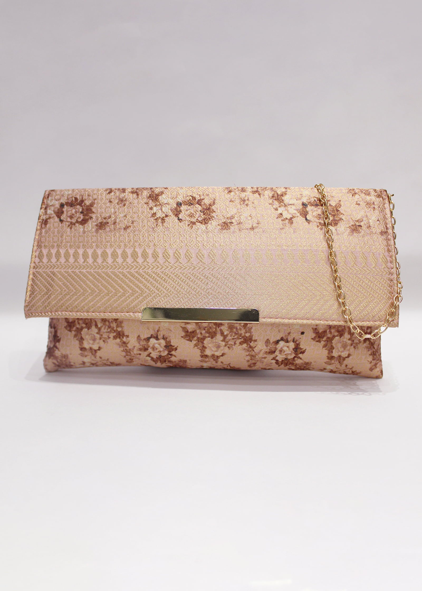 Piglet Pink Zari Woven Art Silk Floral Printed Clutch with Golden Sling - Clutch D.No.03 P35 Piglet Pink Full View Image