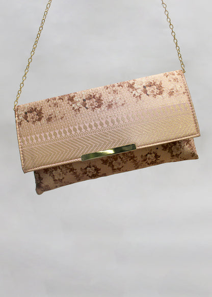 Piglet Pink Zari Woven Art Silk Floral Printed Clutch with Golden Sling - Clutch D.No.03 P35 Piglet Pink Side View Image