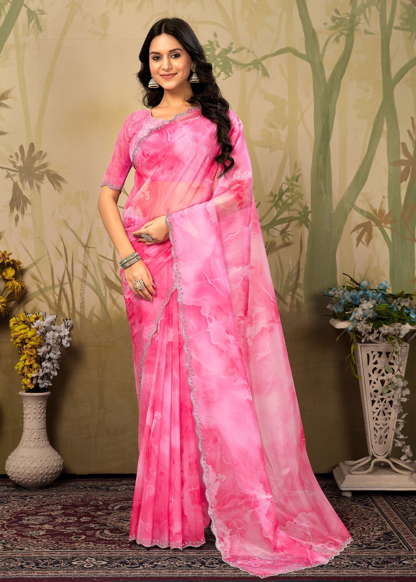 Pink Abstract Printed Fine Organza Saree with a Stylish Stone-Embellished Cutwork Border - Panton Prints 41063 Pink Front Image