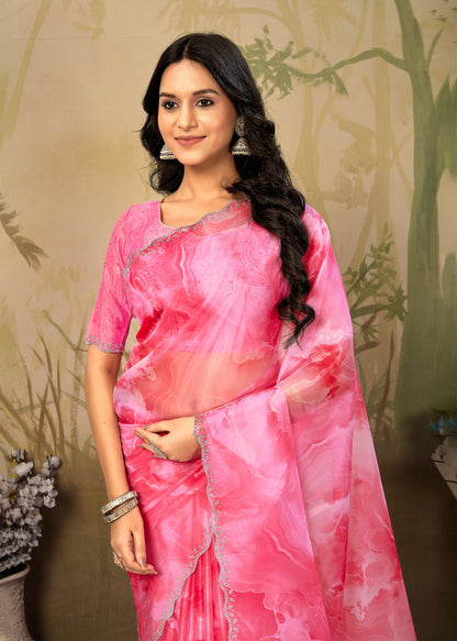 Pink Abstract Printed Fine Organza Saree with a Stylish Stone-Embellished Cutwork Border - Panton Prints 41063 Pink Zoom Image