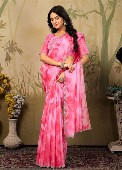 Pink Abstract Printed Fine Organza Saree with a Stylish Stone-Embellished Cutwork Border - Panton Prints 41063 Pink Side Image