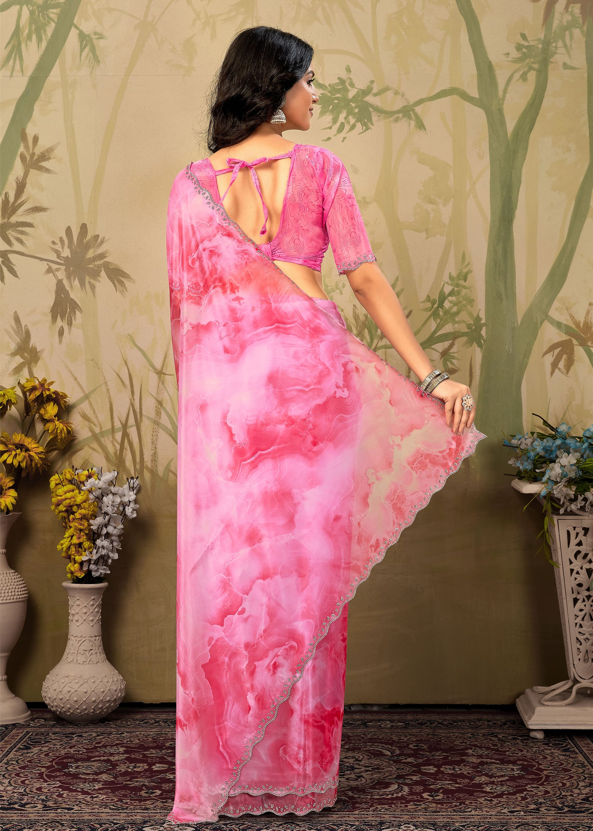 Pink Abstract Printed Fine Organza Saree with a Stylish Stone-Embellished Cutwork Border - Panton Prints 41063 Pink Black Image