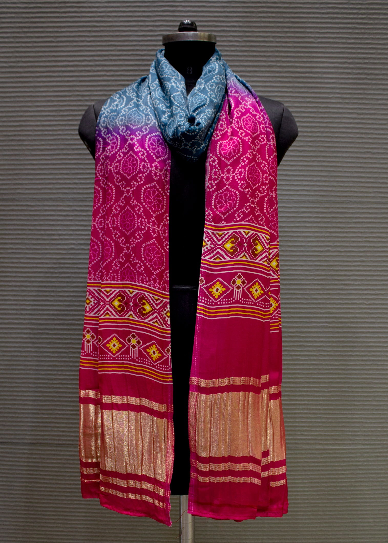 Pink Blue Ombre Bandhni Printed Pue Gaji Silk Dupatta with Zari Woven Border - Pure Gaji Silk Dupatta D.No 1106 Pink & Blue Front Image