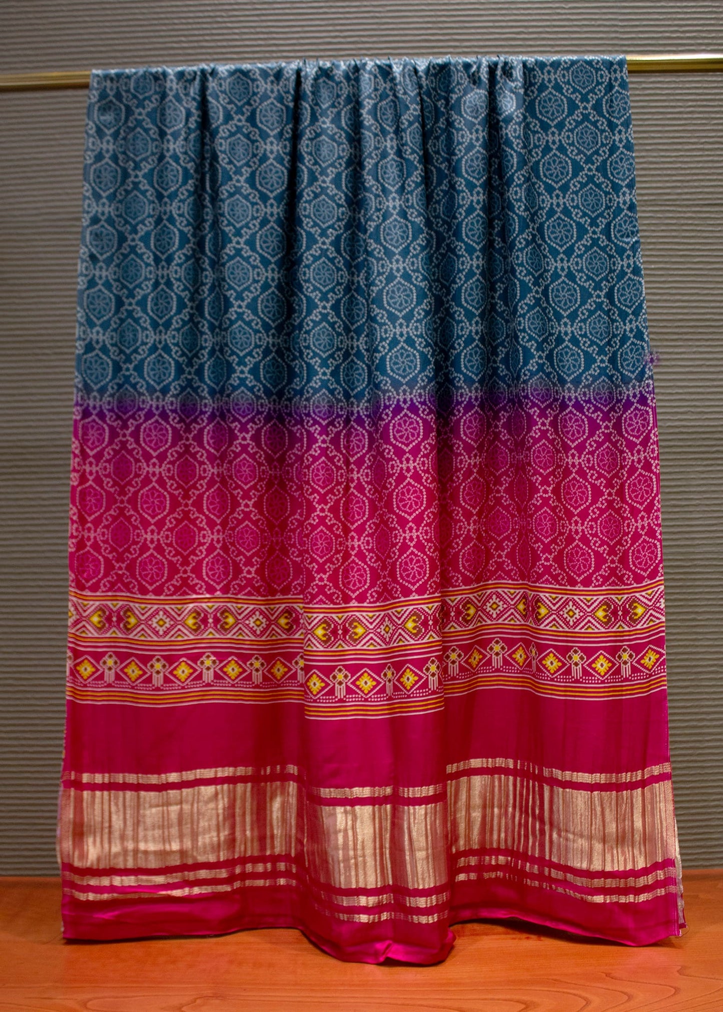 Pink Blue Ombre Bandhni Printed Pue Gaji Silk Dupatta with Zari Woven Border - Pure Gaji Silk Dupatta D.No 1106 Pink & Blue Full Image