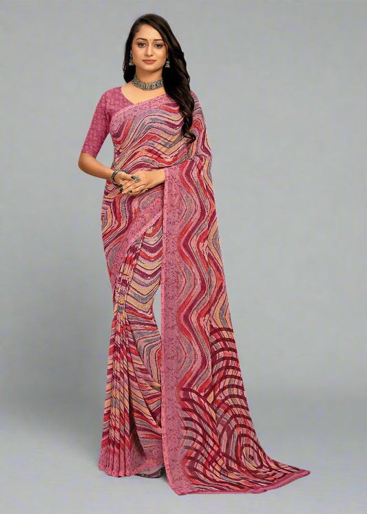 Pink Designer Saree in Georgette with Abstract Lehariya Print - Indigo Prints 2442-C Pink Image 1