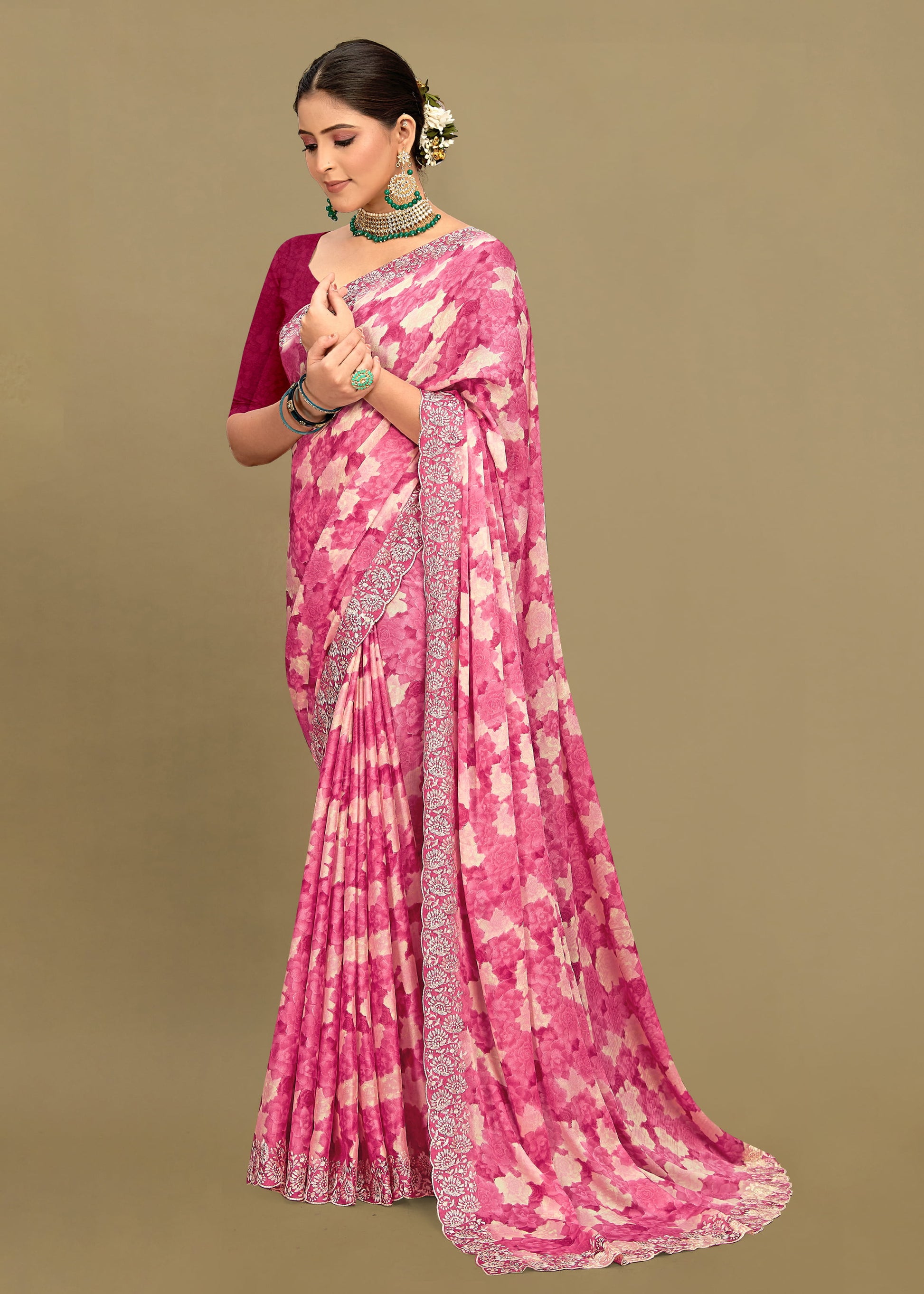 Pink Georgette Saree with Abstract Floral Print, Delicate Embroidery and Cutwork Border - Rupam Prints 91027-A Pink Image 1