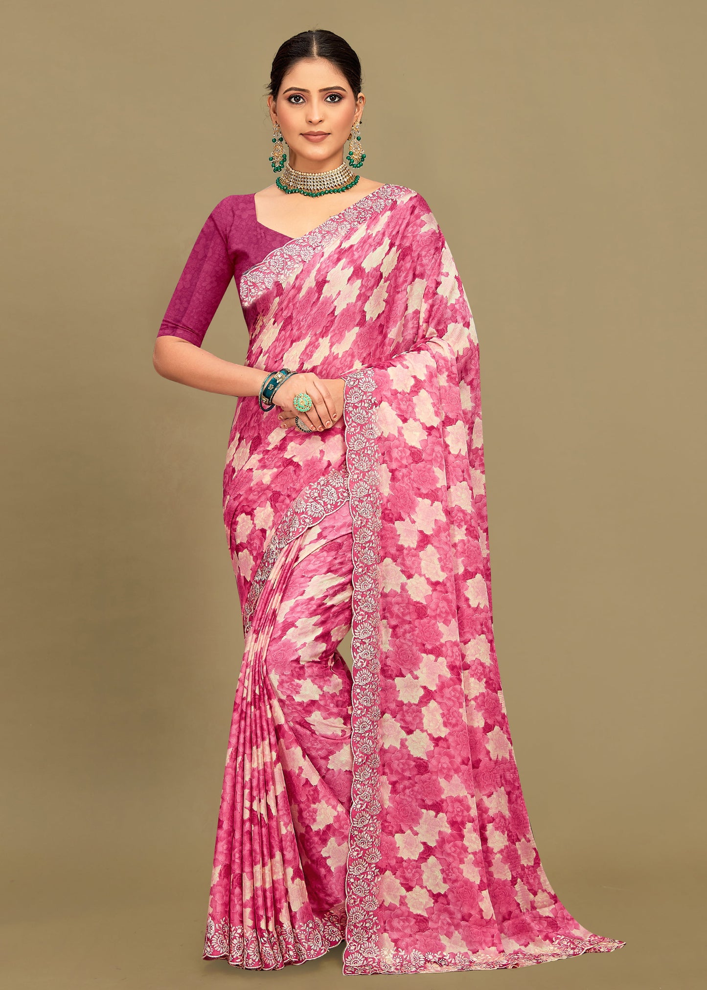 Pink Georgette Saree with Abstract Floral Print, Delicate Embroidery and Cutwork Border - Rupam Prints 91027-A Pink Image 2