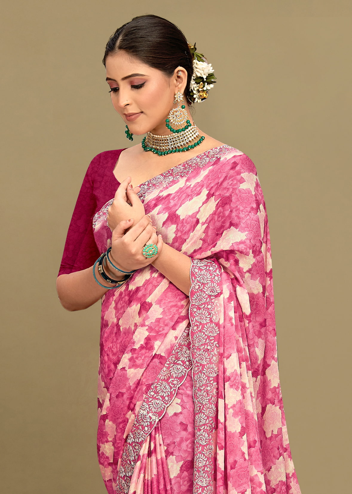 Pink Georgette Saree with Abstract Floral Print, Delicate Embroidery and Cutwork Border - Rupam Prints 91027-A Pink Image 4