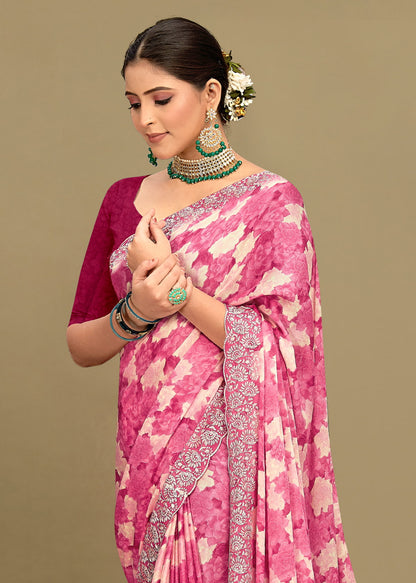 Pink Georgette Saree with Abstract Floral Print, Delicate Embroidery and Cutwork Border - Rupam Prints 91027-A Pink Image 4