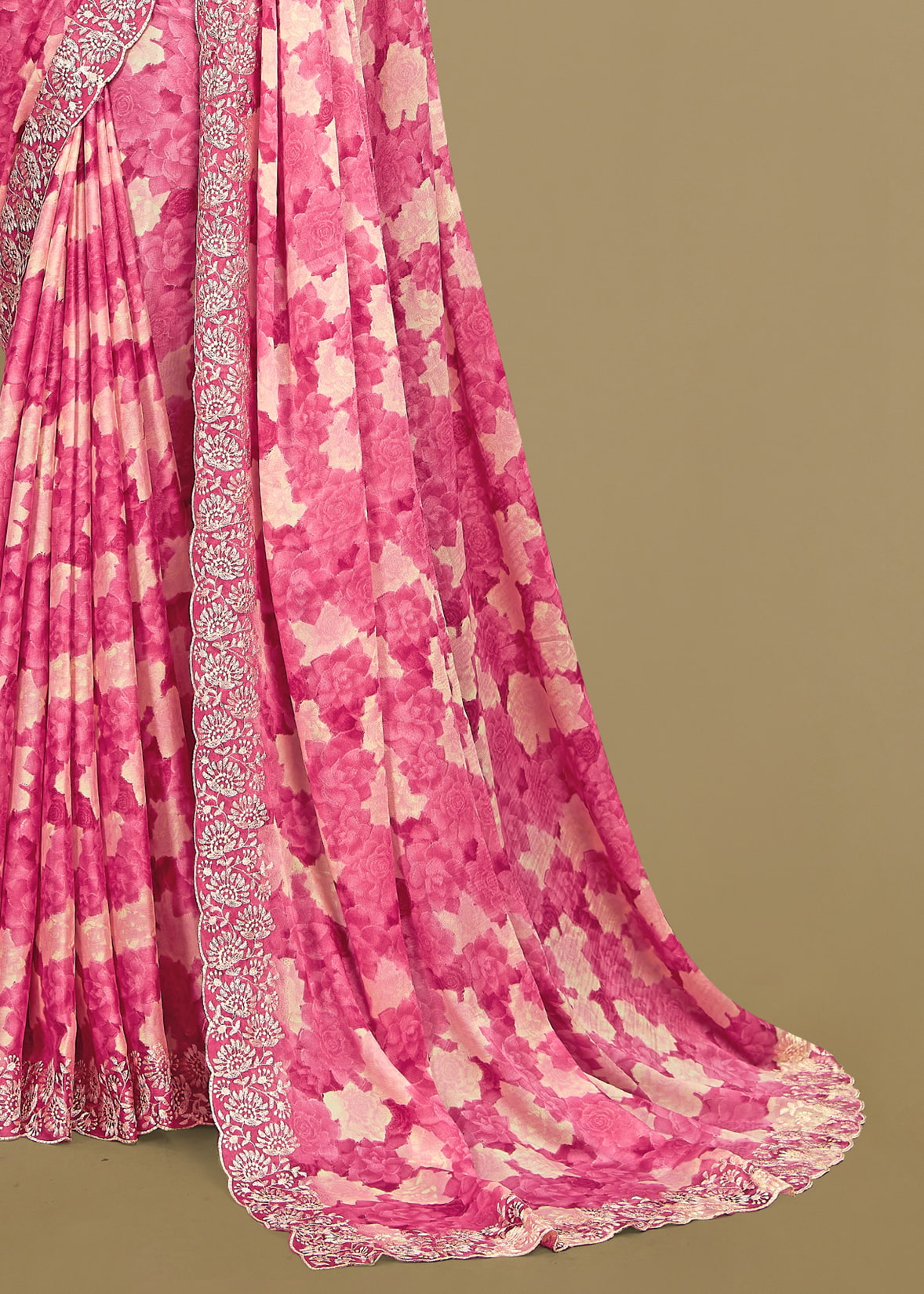 Pink Georgette Saree with Abstract Floral Print, Delicate Embroidery and Cutwork Border - Rupam Prints 91027-A Pink Image 3