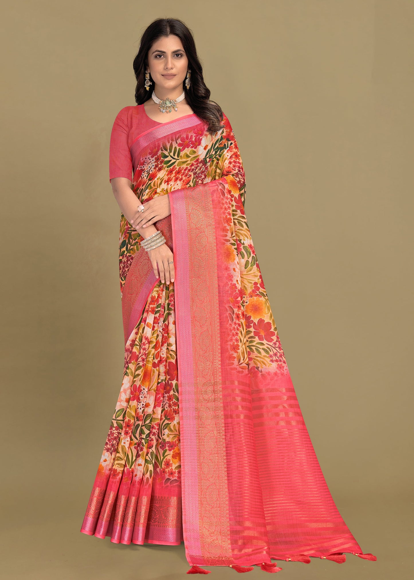 Pink Georgette Saree with Floral Patterns, Zari Weave Border, and Chit Pallu - Sharara Print 3095 Pink Front View