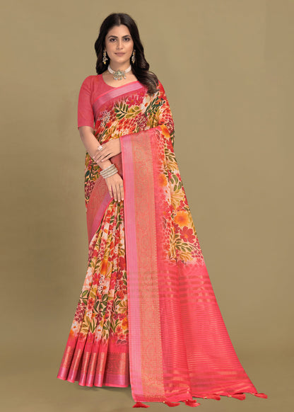 Pink Georgette Saree with Floral Patterns, Zari Weave Border, and Chit Pallu - Sharara Print 3095 Pink Front View