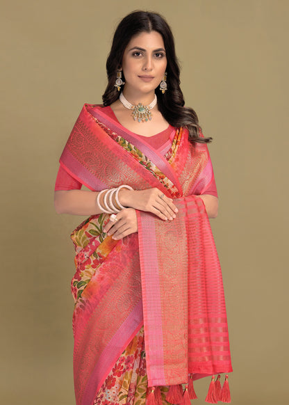 Pink Georgette Saree with Floral Patterns, Zari Weave Border, and Chit Pallu - Sharara Print 3095 Pink Side View