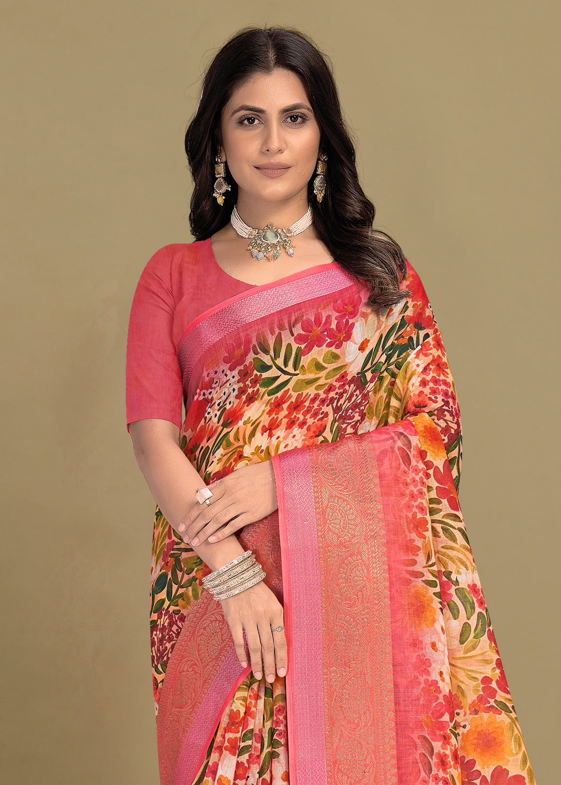 Pink Georgette Saree with Floral Patterns, Zari Weave Border, and Chit Pallu - Sharara Print 3095 Pink Zoom View