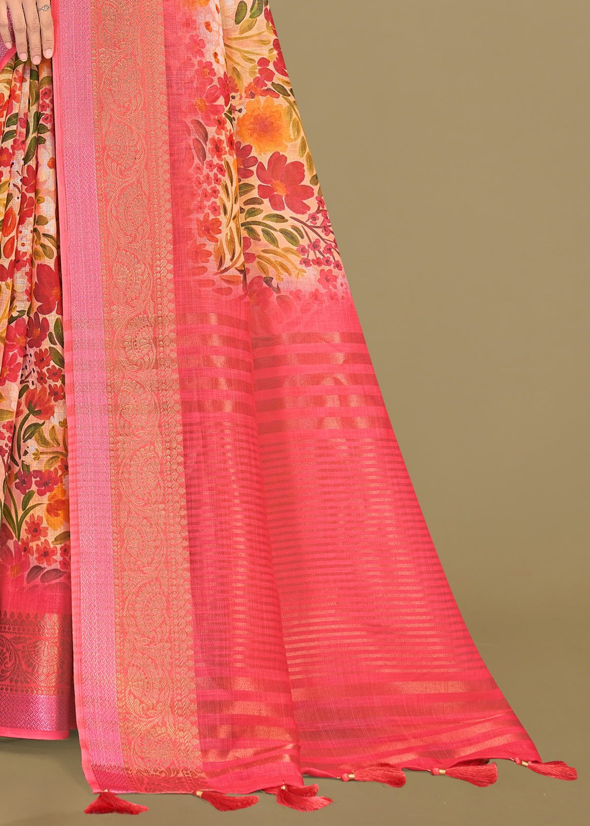 Pink Georgette Saree with Floral Patterns, Zari Weave Border, and Chit Pallu - Sharara Print 3095 Pink Pallu View