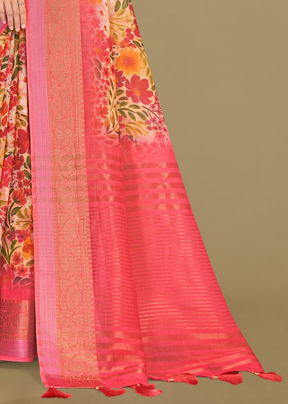 Pink Georgette Saree with Floral Patterns, Zari Weave Border, and Chit Pallu - Sharara Print 3095 Pink Pallu View