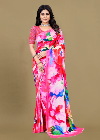 Pink Georgette Saree with Sophisticated Abstract Digital Print Accents - Baarish Prints 13188 Pink First Image