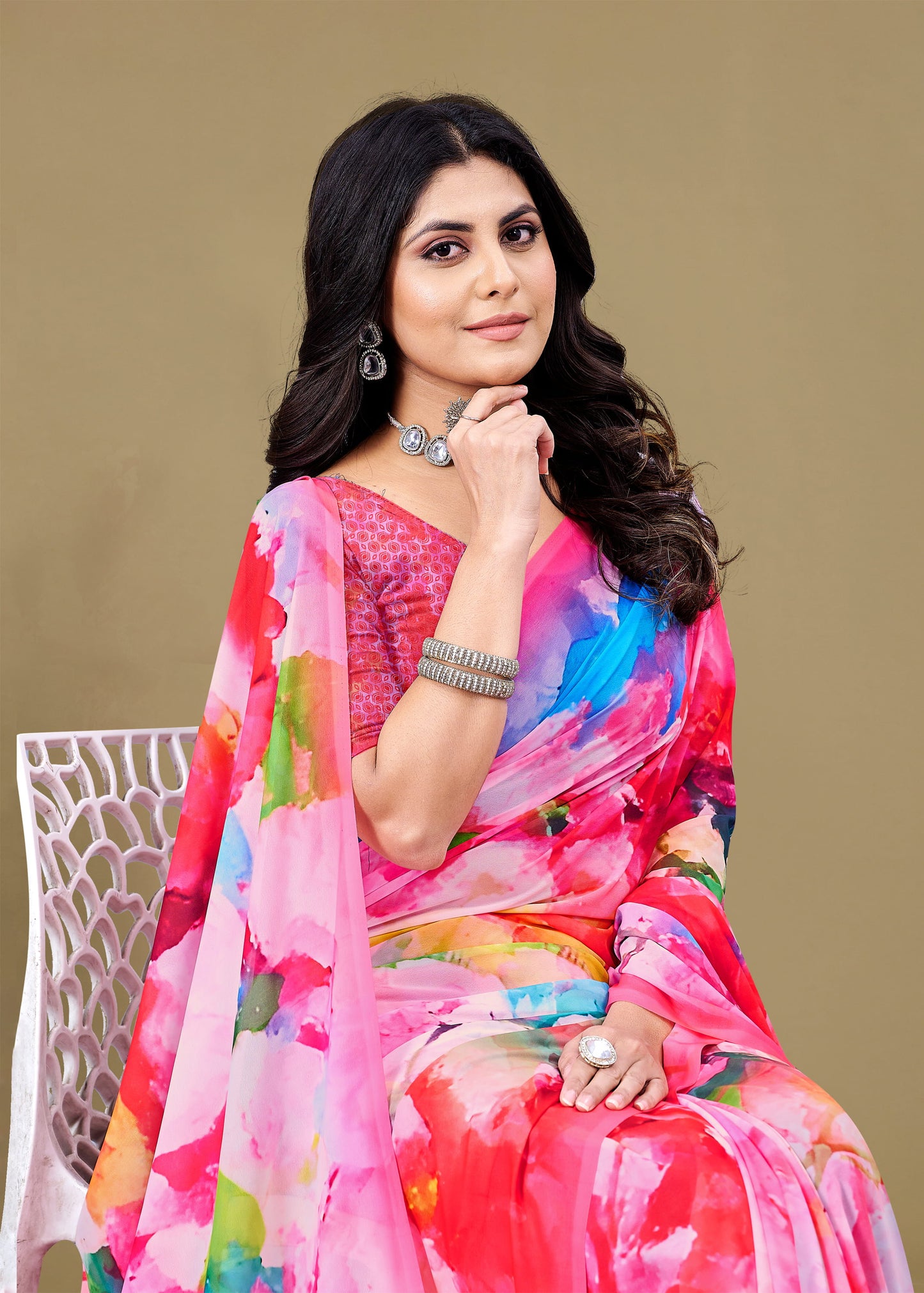 Pink Georgette Saree with Sophisticated Abstract Digital Print Accents - Baarish Prints 13188 Pink Second Image