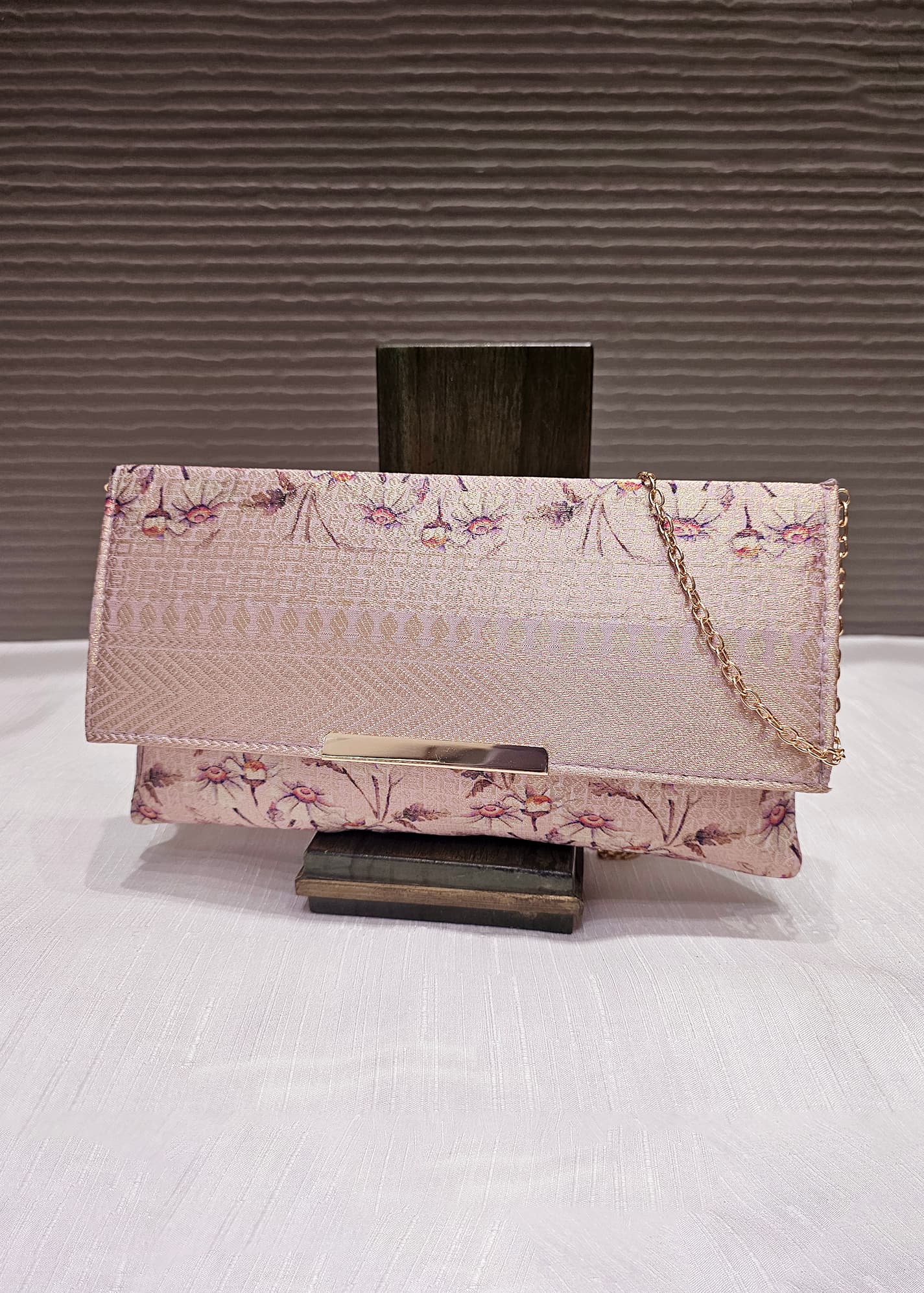 Pink Lavender Zari Woven Art Silk  Clutch with golden Sling 1 - Clutch D.No.01 P5 Full Image