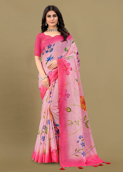 Pink Linen Silk Saree Adorned with Floral Motifs, Zari Border, and Tassel Accents - Tapi Prints 51007 Pink Front Image