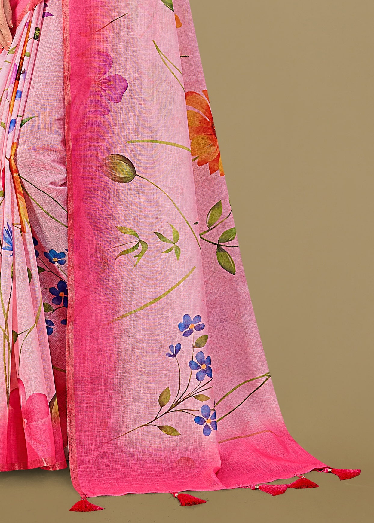 Pink Linen Silk Saree Adorned with Floral Motifs, Zari Border, and Tassel Accents - Tapi Prints 51007 Pink Pallu Image