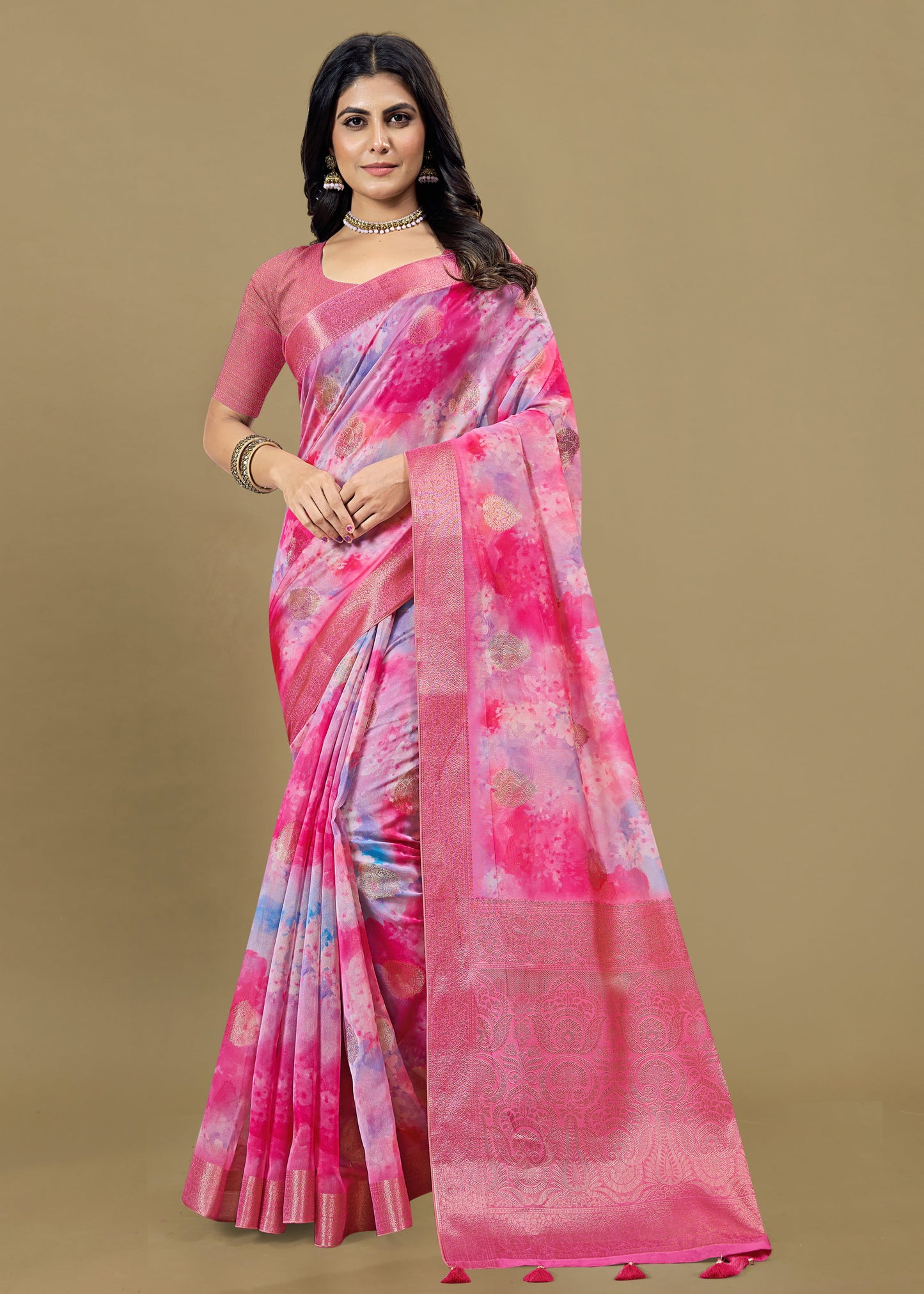 Pink Organza Saree Adorned with Abstract Prints, Zari Embellished Border and Butta Detailing - Cyclone Silk 93043 Pink Pose 1