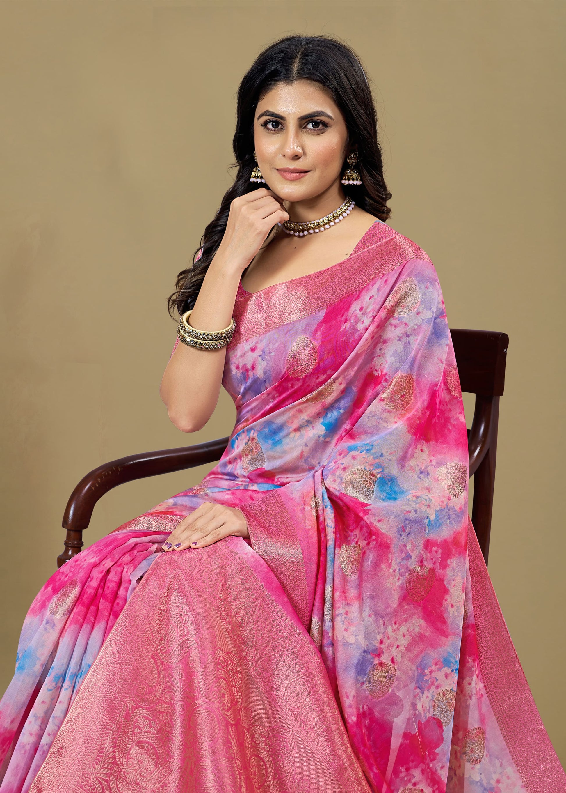 Pink Organza Saree Adorned with Abstract Prints, Zari Embellished Border and Butta Detailing - Cyclone Silk 93043 Pink Pose 2