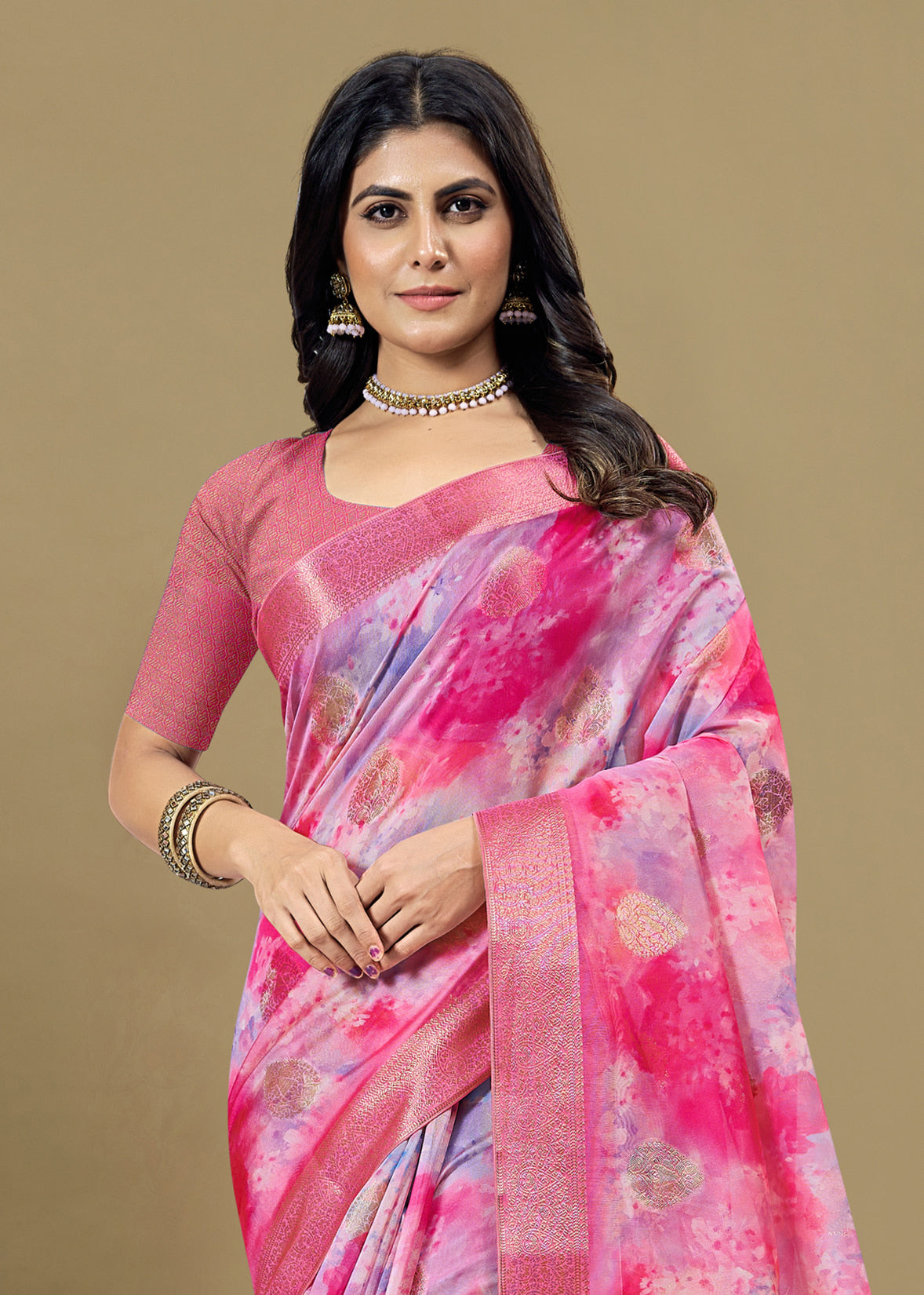 Pink Organza Saree Adorned with Abstract Prints, Zari Embellished Border and Butta Detailing - Cyclone Silk 93043 Pink Pose 3