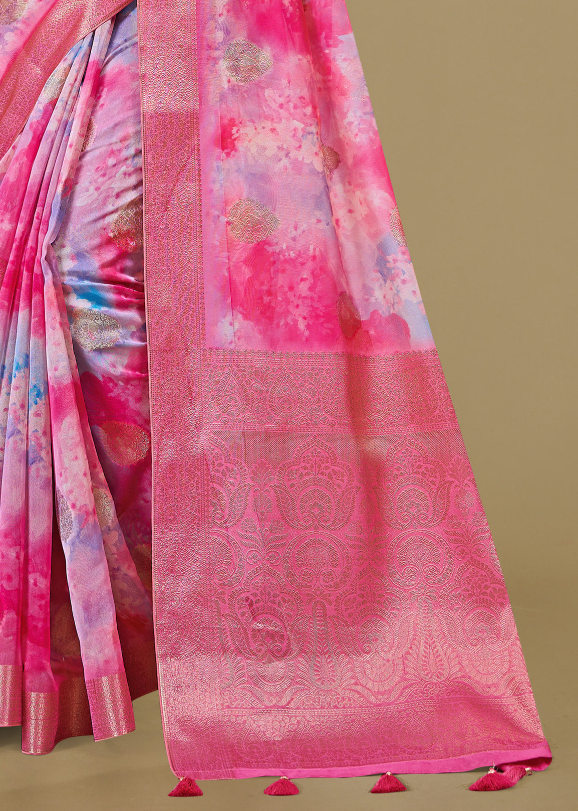 Pink Organza Saree Adorned with Abstract Prints, Zari Embellished Border and Butta Detailing - Cyclone Silk 93043 Pink Pose 4