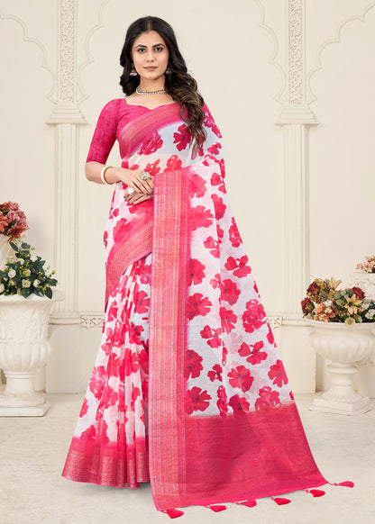 Pink Silk Crush Saree Featuring Digital Floral Prints and a Zari Weave Border - Crush Prints 9102 Pink Image 1