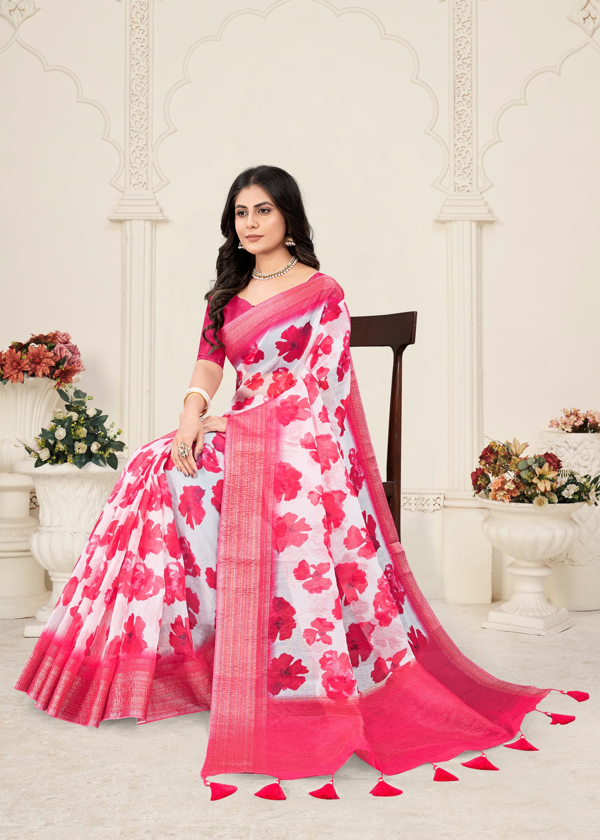 Pink Silk Crush Saree Featuring Digital Floral Prints and a Zari Weave Border - Crush Prints 9102 Pink Image 2