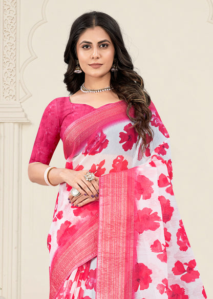 Pink Silk Crush Saree Featuring Digital Floral Prints and a Zari Weave Border - Crush Prints 9102 Pink Image 3