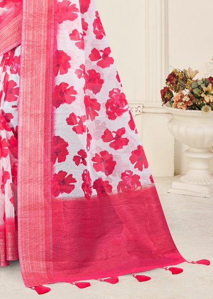 Pink Silk Crush Saree Featuring Digital Floral Prints and a Zari Weave Border - Crush Prints 9102 Pink Image 4