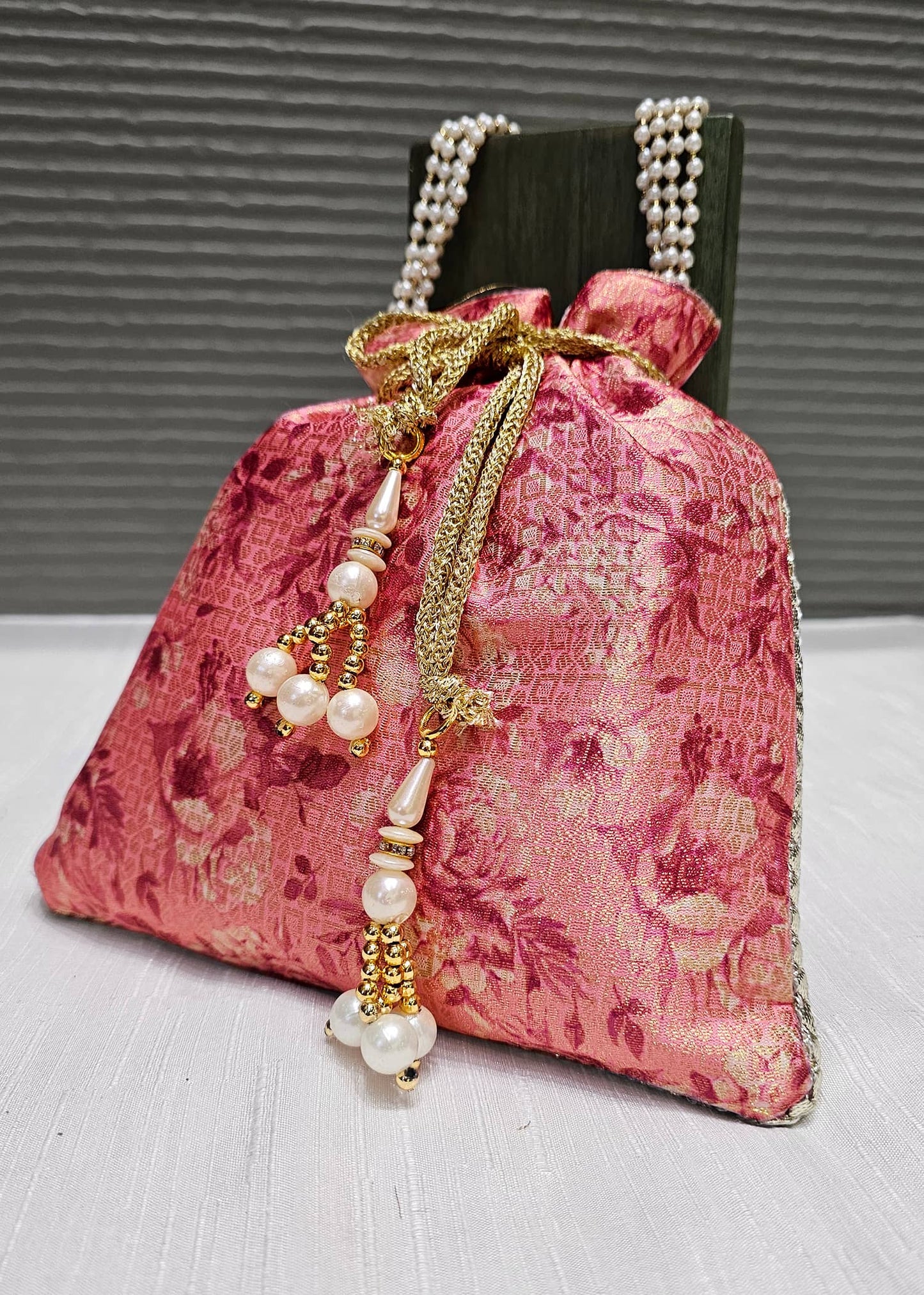 Pink Zari Woven Art Silk Digital Printed Ethnic Potli Bag with Pearl String Handle - Potli D.No.01 P15 Pink Front View