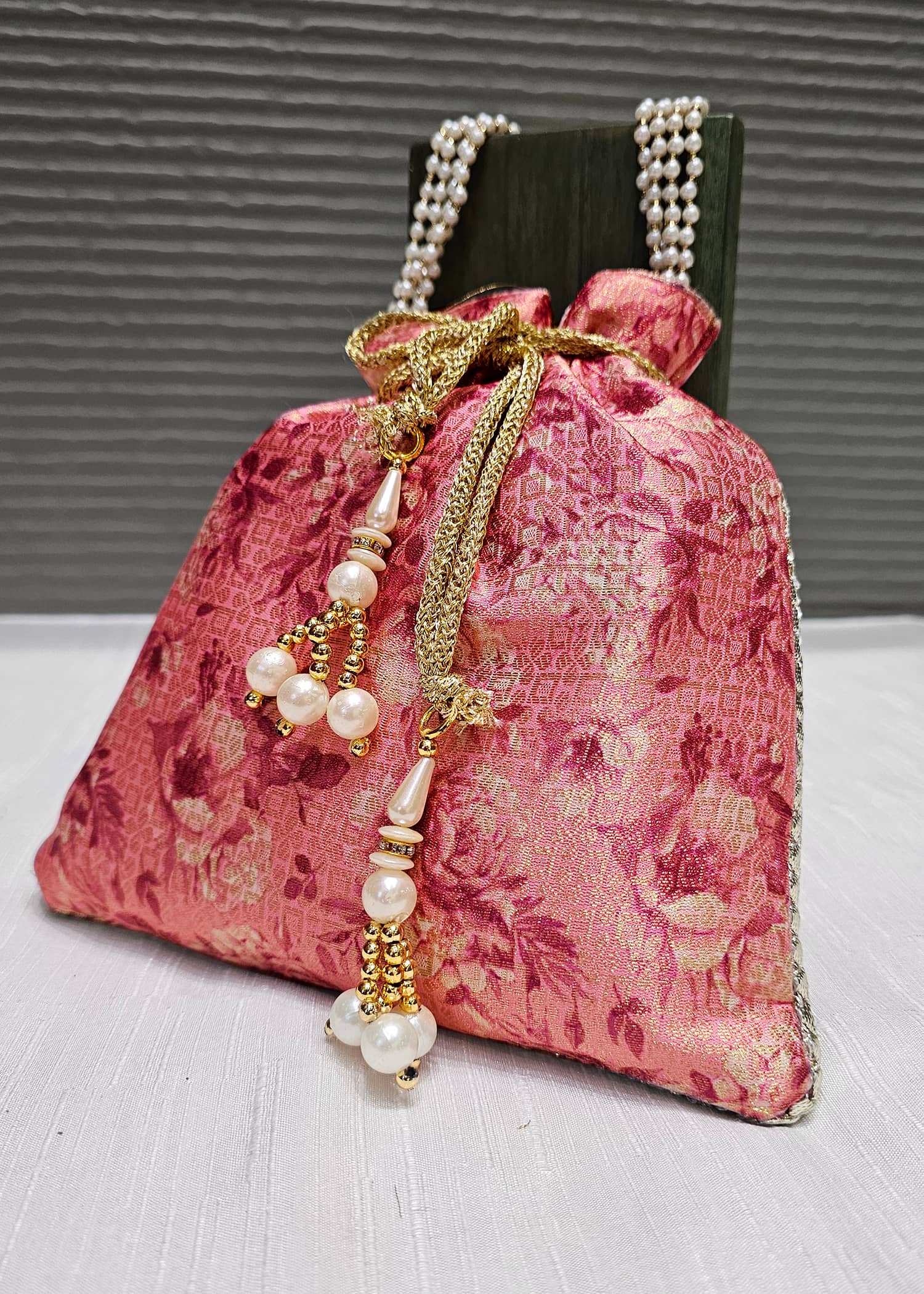 Pink Zari Woven Art Silk Digital Printed Ethnic Potli Bag with Pearl String Handle - Potli D.No.01 P15 Pink Front View