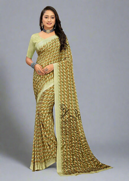 Pista Abstract Printed Crepe Designer Saree - Sabarmati Silk 5447-B Pista 1